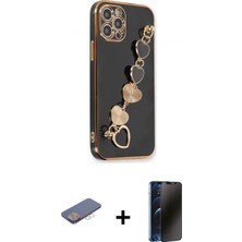 Marsilyan™- iPhone 12 Pro Kılıf Nova Işık Prime - Siyah 3D Antistatik Hayalet Cam Ekran Koruyucu + Renkli Kamera Lens Koruma Cam - Pe