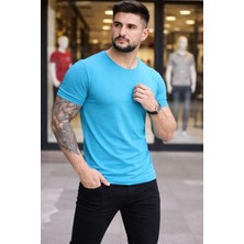 Tarz Yeri Erkek Body Tişört Bisiklet Yaka Slim Fit Likralı T-Shirt - Açık Mavi
