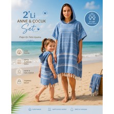 Pınars Anne Çocuk 2li Set Bornoz Panço %100 Pamuk Plaj Havlusu Peştemal Mavi (Anne S/m)