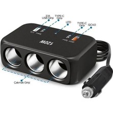 3 Lü Çakmak Soketi 120W Çakmaklık Çoğaltıcı 2 USB 1 Type-C Araç Şarj Cihazı Çakmak Çoklayıcı