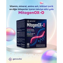Genoviks mitogenOX-O Vitamin, mineral, amino asit, bitkisel içerik ve diğer bileşenler içeren takviye edici gıda.