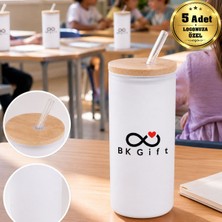 BK Gift Logonuza Özel 5 Adet Pipetli Cam Matara 600 ml Ahşap Kapaklı Kurumsal Suluk