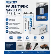 Azurtech Beston 9V USB Type-C Şarjlı Pil Li-Ion Batarya Yüksek Kapasite ve Güçlü Performans