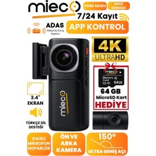 Mieco A7 4K UHD /  Wifi / ADAS / 150° Ultra Geniş Açı / Gece Görüşü /  Ön + Arka Araç Kamerası (2025) + Hafıza Kartı Hediyeli 
