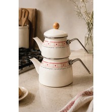 Kitchen Life Özel Seri Ahşap Kulplu Cutie Emaye Çaydanlık Takımı Kalp Desenli