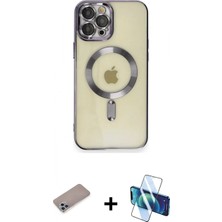 Marsilyan™- iPhone 12 Pro Max Kılıf Nova Işık Özel Seri - Siyah 3D Antistatik Cam Ekran Koruyucu + Shine Kamera Lens Koruma Cam - Sabe