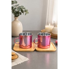 Kitchen Life 4 Parça 2 Kişilik Bambu Altlıklı Metalik Pembe Cam Kahve Fincan Takımı 100 ml