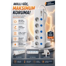 Matechno 5'li Akıllı Grup Priz Her Prize Ayrı Şalter 2 USB 2 Type-C Pd Hızlı Şarj 3680W 1050 Joule Korumalı 2 Metre
