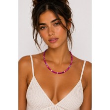 Uretti 0040 Herringbone El Yapımı Kadın Boncuk Kolye Şık Bijuteri Takı - Pembe