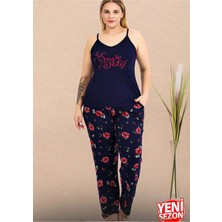 Yare Lady Büyük Beden Lacivert Çiçek Desenli Pijama Ince Askılı Üst Pijama Takımı 11019