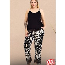Yare Lady Büyük Beden Desenli Bacaklar Dantelli Pijama Askılı Dantelli Üst Pijama Takımı