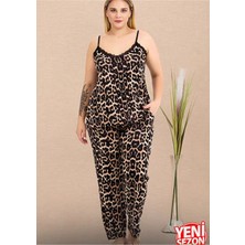 Yare Büyük Beden Leopar Desenli Askılı Üst Cepli Alt Pijama Takımı 11026