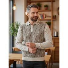 Kamalı Erkek Krem Tüylenme Yapmayan Anti Pilling Kumaş Standart Fit Normal Kesim Polo Yaka Triko Kazak