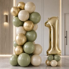Tedaks Gold Retro Doğum Günü Seti Küf Yeşili Kum Beji Gold Balonlar Gold Folyo Rakam Parti Süsleme