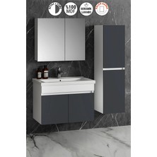 Özceden Çiğdem 80+35 cm Beyaz-Füme Balon Mdf Seramik Lavabolu Sepetli Asma Banyo Dolabı Takımı