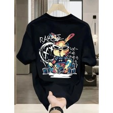 Toptan Fabrika Güneş Gözlüğü Grafikli Karikatür Tavşan Oversize Kısa Kollu Çift Tişört, - Siyah -