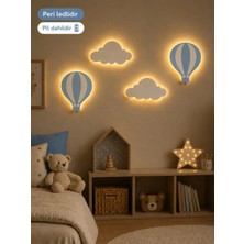 Windly Concept LED Işıklı Sıcak Hava Balonu ve Bulut Duvar Süsü Seti Mdf Bebek Odası Dekoru Çocuk Odası Dekorasyonu Pil Dahil