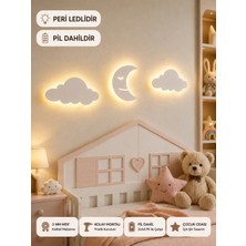 Windly Concept LED Işıklı Ay ve Bulut Duvar Süsü Seti Mdf Bebek Odası Dekoru Çocuk Odası Dekorasyonu Pil Dahil