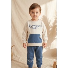 Wow Colours Milo Unisex Çocuk Bej & Mavi Funny Time Ayıcık Baskılı Kanguru Cepli Sweatshirt ve Jogger Alt �
