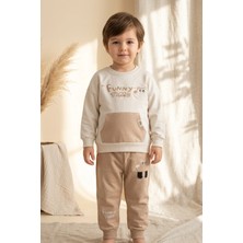 Wow Colours Milo Unisex Çocuk Bej & Ekru Funny Time Ayıcık Baskılı Kanguru Cepli Sweatshirt ve Jogger Alt �