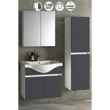 Özceden Yıldız 65+35 cm Beyaz-Antrasit Gri Mat Mdf Seramik Lavabolu Asma Banyo Dolabı Takımı