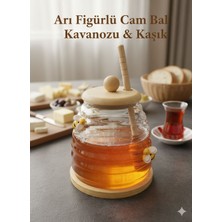 Empressco Arı Figürlü Cam Bal Kavanozu Bambu Kapaklı ve Altlıklı Kaşıklı