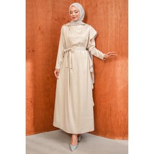 İmaj Butik Bej Omuz Bronşlu Saten Abiye