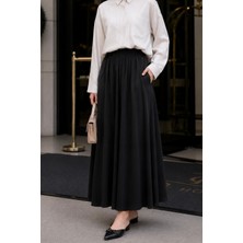 İmaj Butik Siyah Bel Lastikli Cepli Tencel Etek