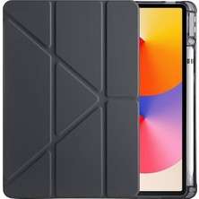 Aesco Galaxy Tab A9 Plus ile Uyumlu Akıllı Kılıf, Kalem Bölmeli Lansman Antrasit Origami Standlı Darbe Emici Şeffaf Arka Kapaklı Ultra Ince Popüler Tablet Kılıfı