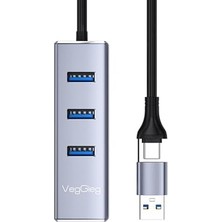 Aesco USB ve Type-C Gigabit Ethernet Adaptörü 3 Port USB 3.0 Çoklayıcı Hub