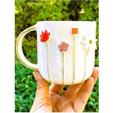 Aesco Cw Celine's Wonders 24 Ayar Altın Detaylı Ilkbahar Çiçek Kabartmalı 450 ml El Yapımı Mug Spring Flower