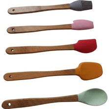Aesco Silikon Mini Spatula Seti, 5’li Renkli Bambu Saplı – Isıya Dayanıklı Mutfak Spatulası ve Fırça | Yapışmaz Yüzeyler Için | Kek, Pasta ve Yemek Yapımı