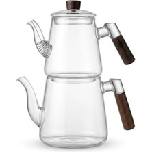 Aesco 1000 ml + 750 ml Akasya Ahşap Kulplu Cam Çaydanlık Takımı - Isıya Dayanıklı Borosilikat Pürüzsüz Şeffaf Tasarım, Yaylı Süzgeçli Lüks Çaydanlık