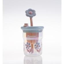 Aesco Çiçek Desenli Cam Içecek Bardağı, Çiçek Temalı Pipetli Bardak, Kapaklı,eglenceli ve Dekoratif Tasarım, Mor,pembe,mavi,ve Yeşil Renk Seçenekleri (Mavi)