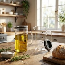 Aesco 2'li Set Paslanmaz Çelik Kapaklı Borosilikat Cam Yağdanlık ve Ölçü Kabı - 350ML - Isıya Dayanıklı Damlatmaz Sosluk, Sütlük ve Mutfak Hazırlık Sürahisi - Şeffaf Modern Tasarım