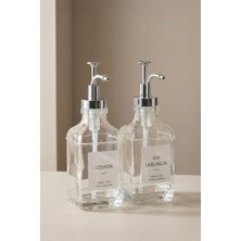 Aesco 2’li Cam Sıvı Sabun ve Losyon Etiketli Gümüş Tıpalı Deterjan Şişesi Sabunluk 500 ml - 2112020-S C1-1-289
