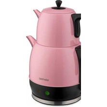Aesco Demlika Pembe Xl Geniş Hazneli Damlatmaz Paslanmaz Çelik Çay Makinesi ve Su Isıtıcısı, 2 Litre Hazne, 1,4 Litre Demlik