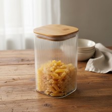 Aesco 10X20 cm Bambu Kapaklı Kare Cam Saklama Kavanozu - Vakumlu Ekstra Uzun Boy Şeffaf Erzak Kabı Spagetti Makarna Bakliyat Kutusu ve Mutfak Düzenleyici Organizatör