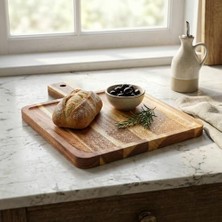 Aesco Doğal Akasya Ahşap Kare Sunum Tahtası ve Servis Tepsisi – 28.5X21 cm Özel Motif Desenli ve Kulplu Peynir Tabağı, Kenarlı Kahve Sunumluk