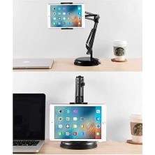 Aesco Masaüstü Telefon ve Tablet Tutucu 19CM Ayak Çap Uzunluğu Ayarlanabilir Kollu Geniş Tablalı, Pvc + Metal Malzeme 360 Derece Dönebilen Masaüstü Telefon ve Tablet Tutucu - Y01