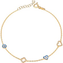 Emiliano Jewellery Kalp ve Yonca Figürlü Altın Kaplamalı Gümüş Bileklik