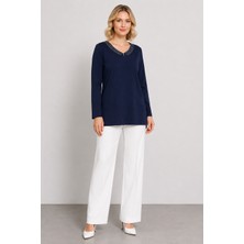 Bihan Store Kadın Yaka Taş Detaylı Uzun Kollu Bluz Y26-2141 - Lacivert