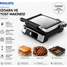 Philips 5000 Serisi 2200W Izgara ve Tost Makinesi,çıkarılabilir Plakalar, Izgara Için Tam Açılır, Yapışmaz Plakalar, Yükseklık Ayarı, HD6301/90