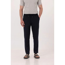 Sabri Özel Lacivert Dokulu Arka Lastikli Köprü Kemerli Bağcıklı Slim Fit Jogger Pantolon
