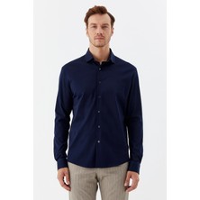 Sabri Özel Erkek Lacivert Dar Kesim Slim Fit %100 Pamuk Düz Dokuma Klasik Yaka Gömlek