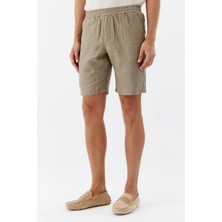 Sabri Özel Taş %100 Keten Regular Fit Beli Lastikli Bermuda Şort