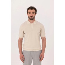 Sabri Özel Bej Regular Fit Göğüs Nakış Detaylı Polo Yaka Triko T-shirt
