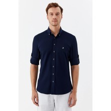 Sabri Özel Lacivert %100 Pamuk Uzun Kollu Slim Fit Düğmeli Yaka Gömlek
