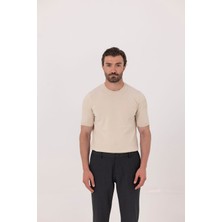 Sabri Özel Bej Bisiklet Yaka Jakarlı Triko T-shirt