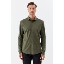 Sabri Özel Erkek Haki Dar Kesim Slim Fit %100 Pamuk Düz Dokuma Klasik Yaka Gömlek
